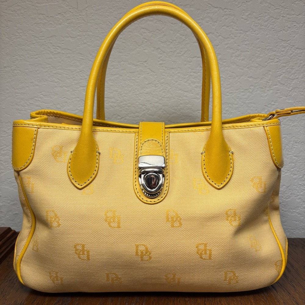 Dooney & Bourke Y2K Yellow Monogram Satchel Leather & Canvas Pink Lining Clean